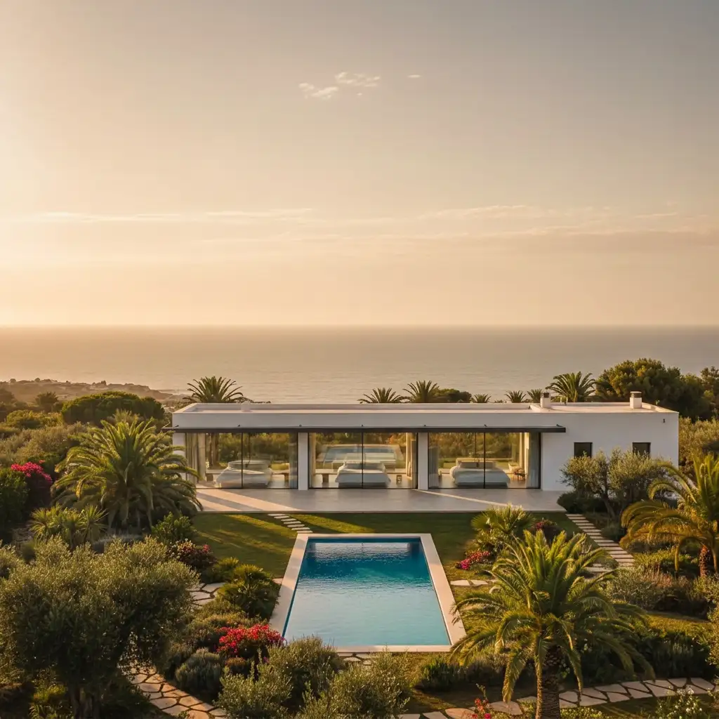 Whitewashed finca in Aragon with terracotta roof and arched doorways, featuring a lush garden and private pool.
