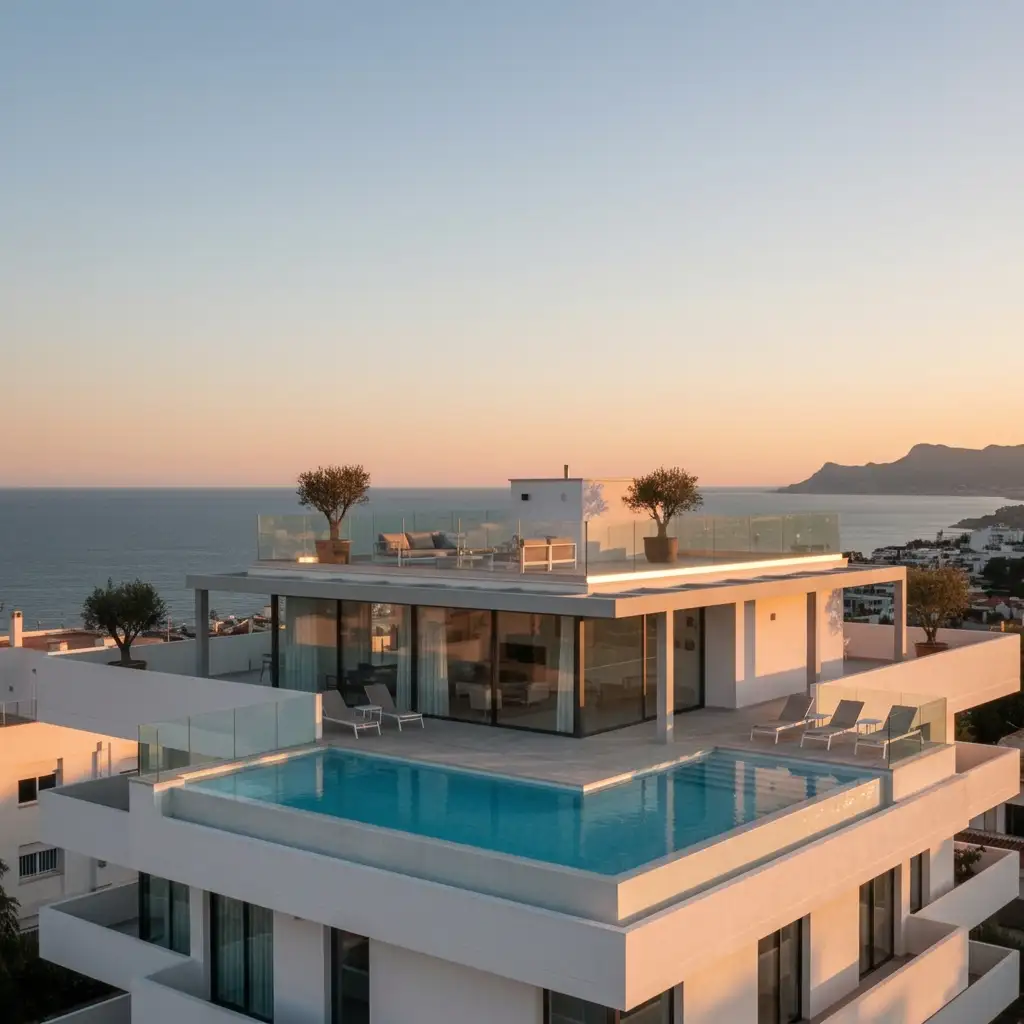 Penthouse with whitewashed walls and terracotta roof tiles overlooking the sea in Dénia.