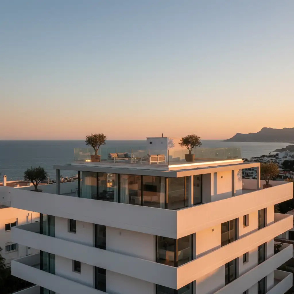 Penthouse with floor-to-ceiling glass offering panoramic sea and Montgó mountain views, with a rooftop terrace.