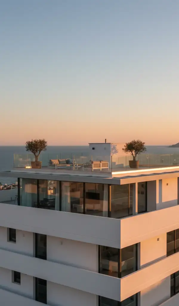 Penthouse with floor-to-ceiling glass offering panoramic sea and Montgó mountain views, with a rooftop terrace.