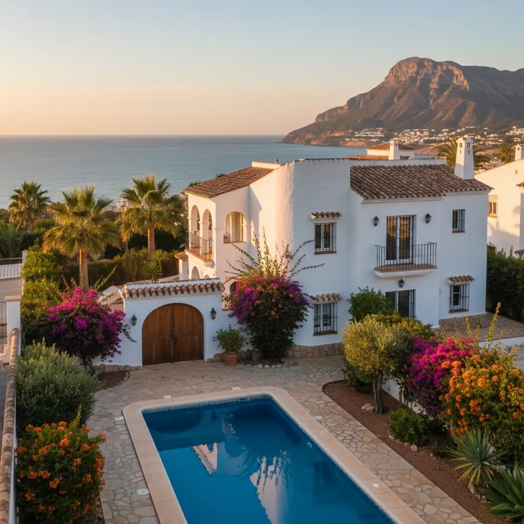 Charming whitewashed townhouse with terracotta roof tiles and arched openings, featuring a private pool and lush garden.