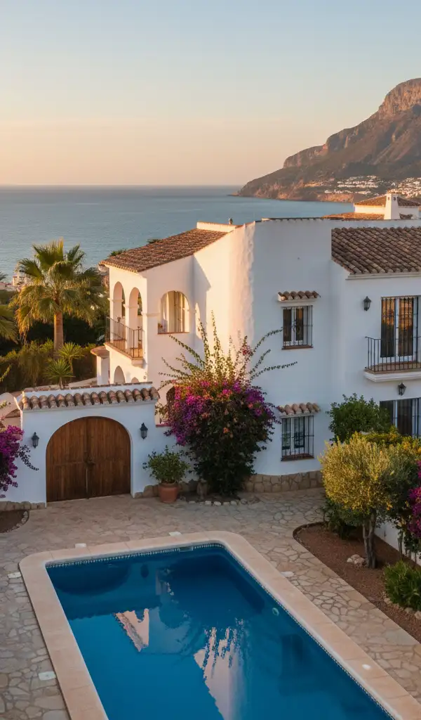 Charming whitewashed townhouse with terracotta roof tiles and arched openings, featuring a private pool and lush garden.