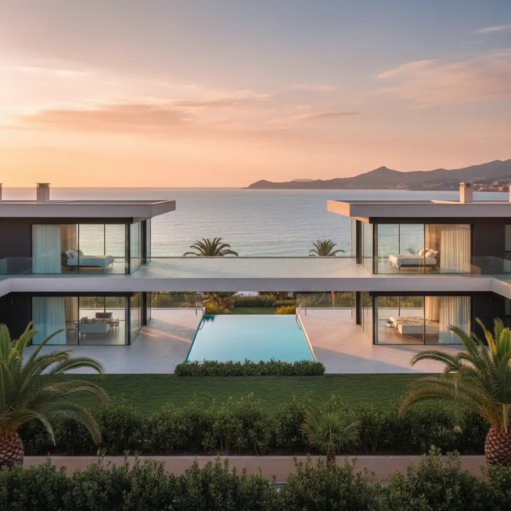 Salou apartment with sea views, terrace, and community pool, featuring contemporary design and floor-to-ceiling glass.