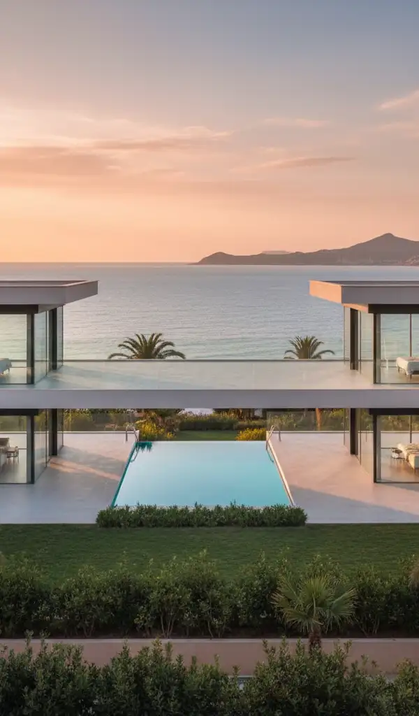 Salou apartment with sea views, terrace, and community pool, featuring contemporary design and floor-to-ceiling glass.
