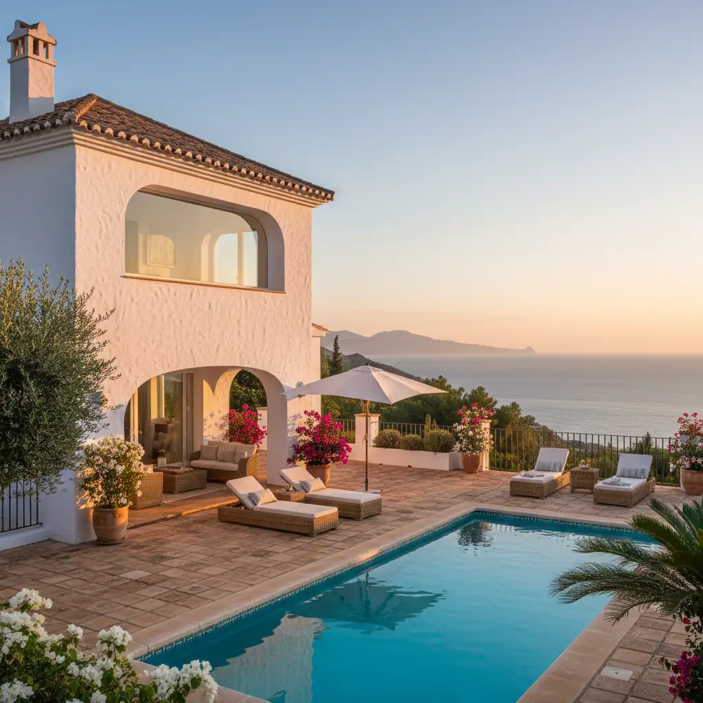 Apartment terrace with a plunge pool and distant sea views, featuring whitewashed walls and terracotta roof tiles.