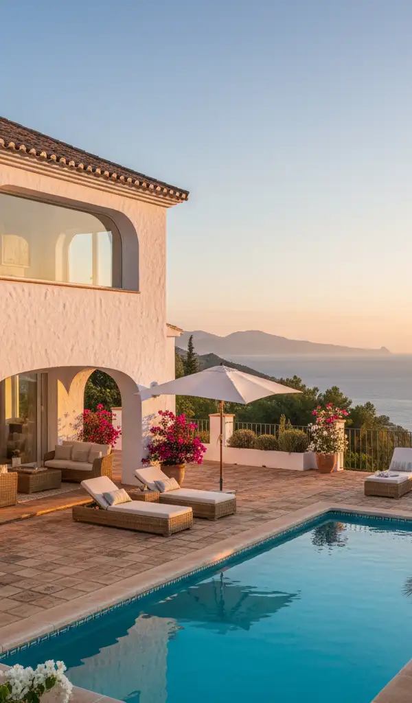 Apartment terrace with a plunge pool and distant sea views, featuring whitewashed walls and terracotta roof tiles.