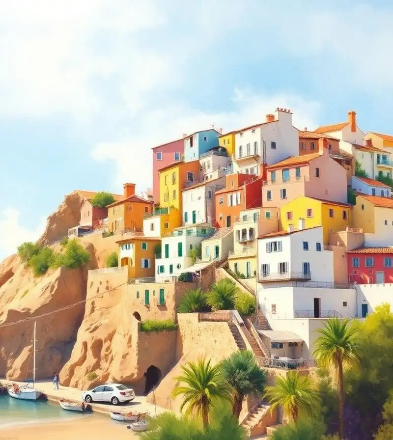 Painted houses on the hillside above the port in La Chanca and Pescaderia in Almería