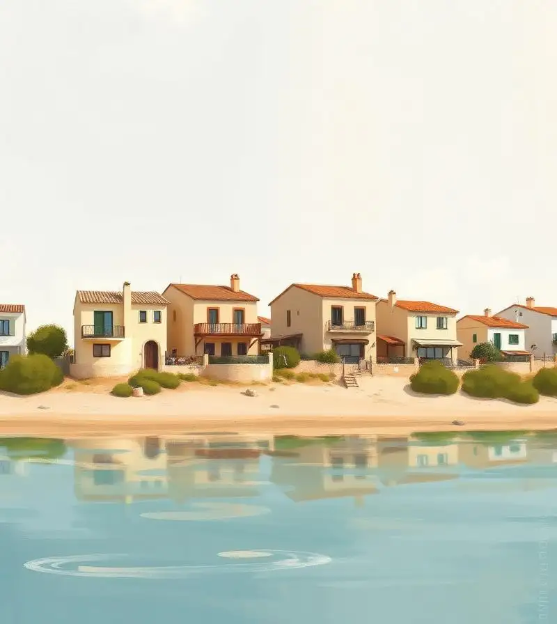 Houses facing the shallow water of the Mar Menor lagoon at Los Urrutias in Cartagena