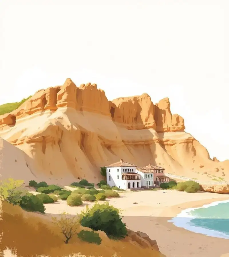 Sandstone formations and low beachfront housing at Bolnuevo in the municipality of Mazarrón