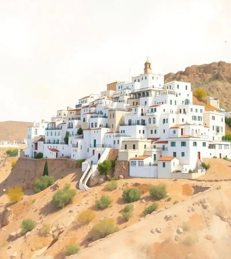 White houses stacked on the hill of the old village of Mojácar Pueblo