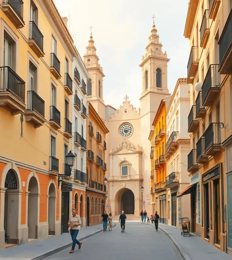 Pedestrian streets and older facades in the centre of Murcia around the cathedral